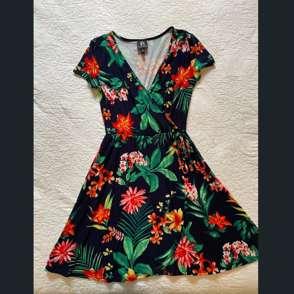 Tropical Floral Faux Wrap Dress